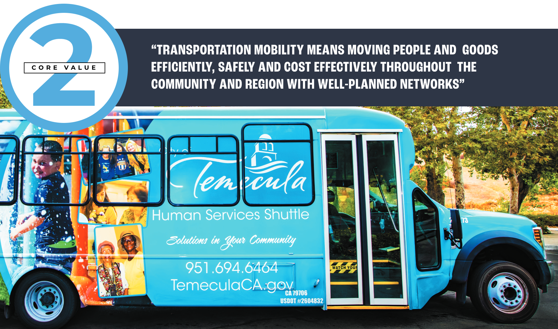 Core Value 2 pull quote: “TRANSPORTATION MOBILITY MEANS MOVING PEOPLE AND GOODS EFFICIENTLY, SAFELY AND COST EFFECTIVELY THROUGHOUT THE COMMUNITY AND REGION WITH WELL-PLANNED NETWORKS”