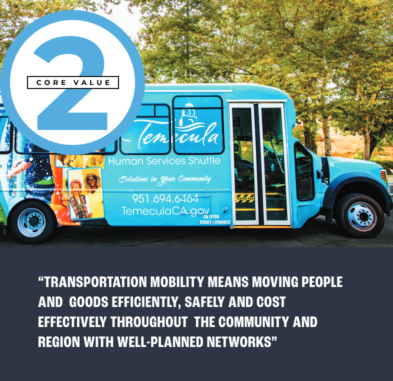 Core Value 2 pull quote: “TRANSPORTATION MOBILITY MEANS MOVING PEOPLE AND GOODS EFFICIENTLY, SAFELY AND COST EFFECTIVELY THROUGHOUT THE COMMUNITY AND REGION WITH WELL-PLANNED NETWORKS”