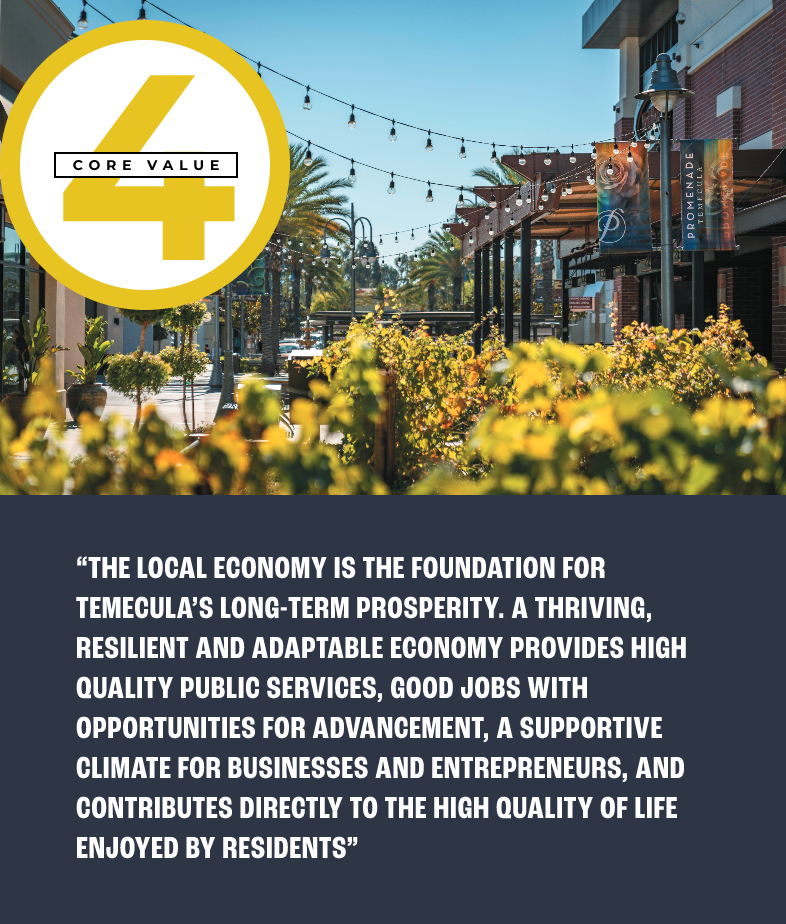 Core Value 4 pull quote: “THE LOCAL ECONOMY IS THE FOUNDATION FOR TEMECULA’S LONG-TERM PROSPERITY. A THRIVING, RESILIENT AND ADAPTABLE ECONOMY PROVIDES HIGH QUALITY PUBLIC SERVICES, GOOD JOBS WITH OPPORTUNITIES FOR ADVANCEMENT, A SUPPORTIVE CLIMATE FOR BUSINESSES AND ENTREPRENEURS, AND CONTRIBUTES DIRECTLY TO THE HIGH QUALITY OF LIFE ENJOYED BY RESIDENTS”